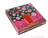 Love Grows Tree -  Giclee print mounted on Wood (4 x 4 inches) Folk Art  by FLOR LARIOS