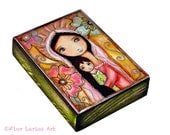 Young Madonna with Child and Flowers - ACEO Giclee print mounted on Wood (2.5 x 3.5 inches) Folk Art  by FLOR LARIOS