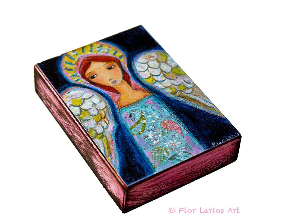 My Wings are for You Angel  - ACEO Giclee print mounted on Wood (2.5 x 3.5 inches) Folk Art  by FLOR LARIOS