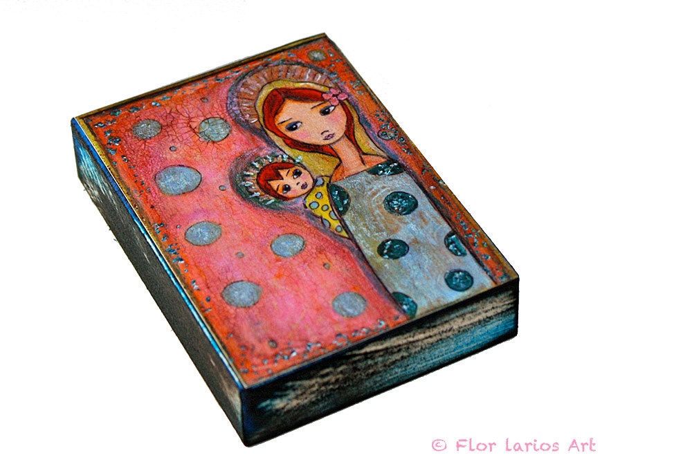 Young Madonna  - ACEO Giclee print mounted on Wood (2.5 x 3.5 inches) Folk Art  by FLOR LARIOS