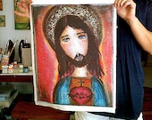 Sacred Heart of Jesus - Large Print on Fabric from Original Painting (16 x 20 inches) by FLOR LARIOS