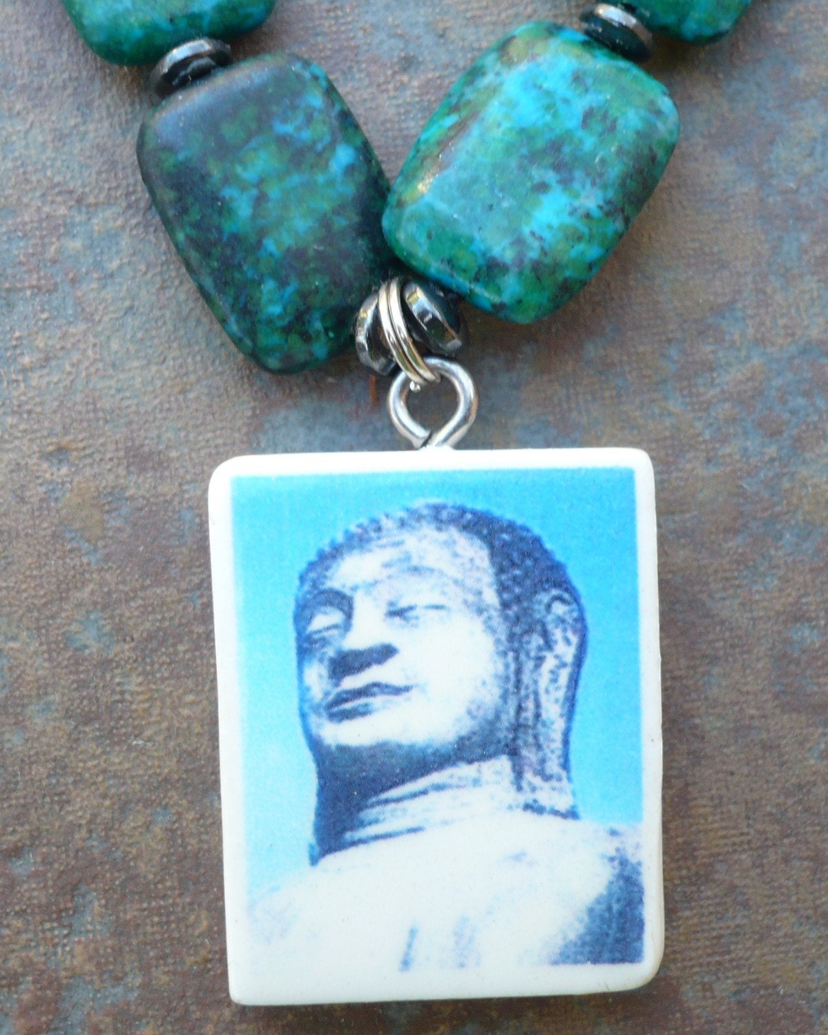 blue buddha pendant necklace w.azurite and hematite beads