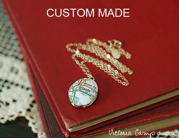 Custom Map Necklace on Small Gold Locket, Gold Chain, Personalized Map Jewelry, Choose Your City - Made to Order
