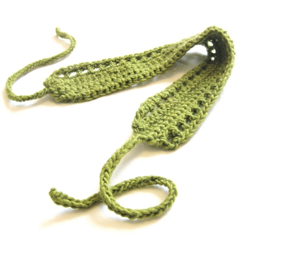 hairband,  hairwrap, and neckwarmer - crochet with adjustable knit ties - moss green, all natural fibers, ready to ship - BaruchsLullaby