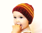 knit baby hat and photo prop - fire and flames, cranberry with papaya and honey stripes, newborn to 3 months, ready to ship - BaruchsLullaby