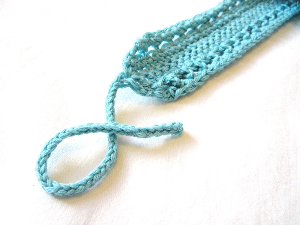 crochet hairband, boho headband with adjustable knit ties for women, girls, and teens - robin egg blue, ready to ship