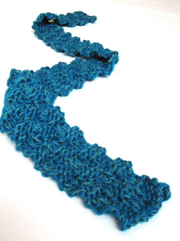 unisex knit scarf for women, men, or children - deep teal and peacock blue, basketweave texture, soft, all natural fibers, ready to ship