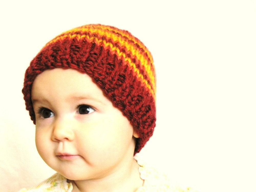 knit baby hat and photo prop - cranberry with papaya and honey stripes, 3 to 9 months, in stock and ready to ship