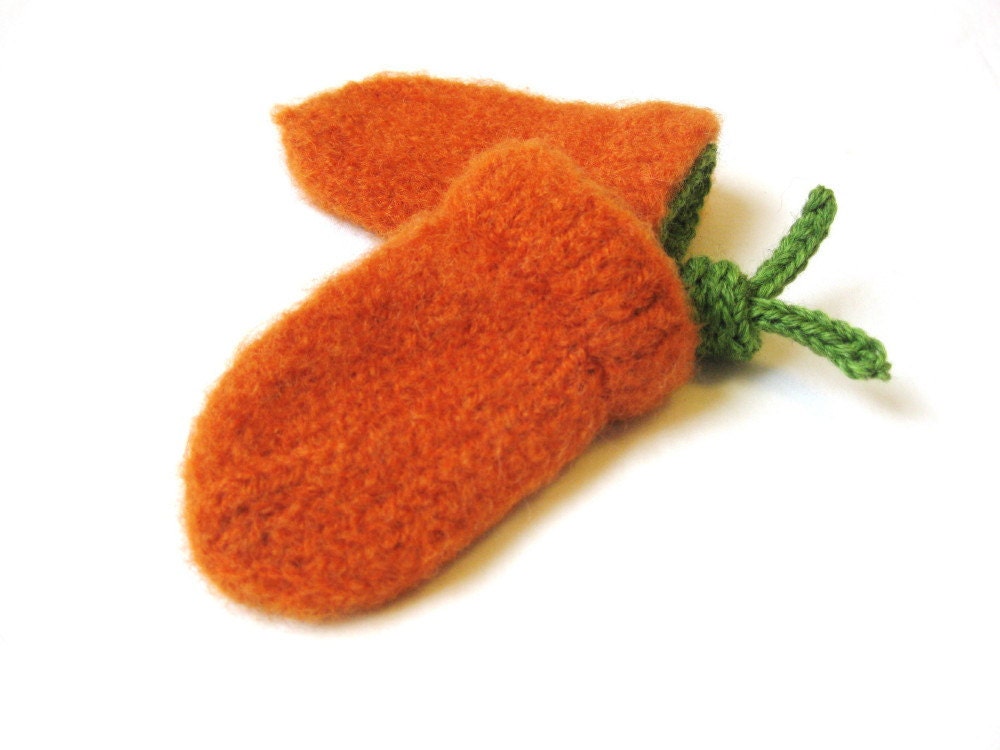 pumpkin baby mittens with green stem cuff and string ties - hand knit, felted, thick winter mitts, size 12 - 36 months months, ready to ship
