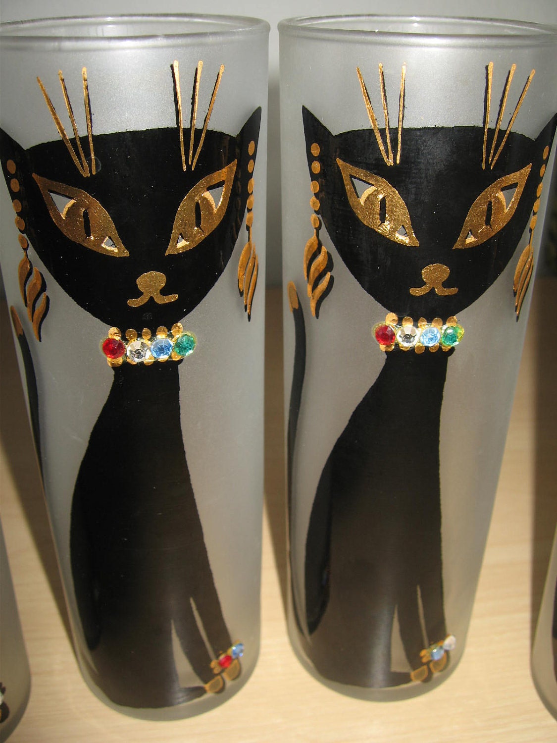 Vintage Mid Century Kit Kat Cool Cat Frosted Drinking Glasses Tumblers Libbey    Set of 6
