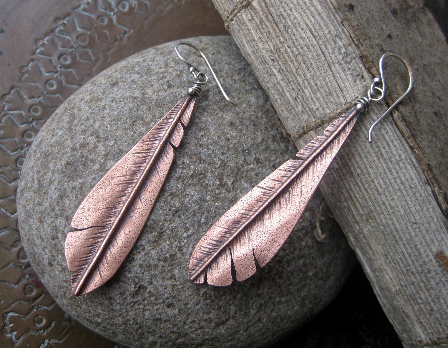 Copper Large Woodpecker Flight Feather Earrings