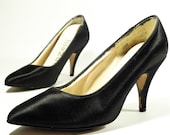 vintage satin shoes . dyed black . sexy 1960s heels . size 6 1/2 M . by benzelli