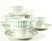 vintage atomic Paul McCobb Eclipse teacups and saucers set . 6 mugs and saucers . Contempri aqua and lime green design . mid century modern