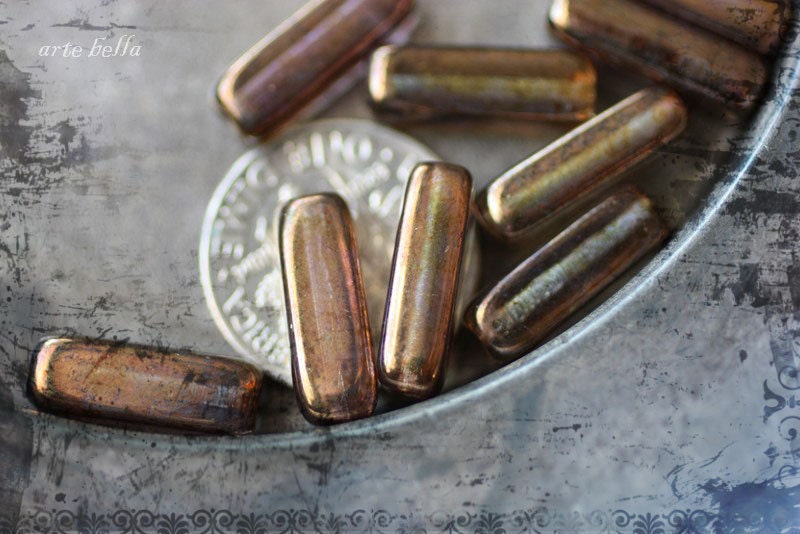 BRONZE PLUM STICKS .. Picasso Czech Glass Luster Beads (1699-10)