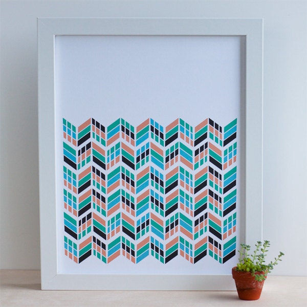 Chevron ZigZag Print, Blue Sea Green, Peachy pink, 8x10 "Chevrons on Parade"