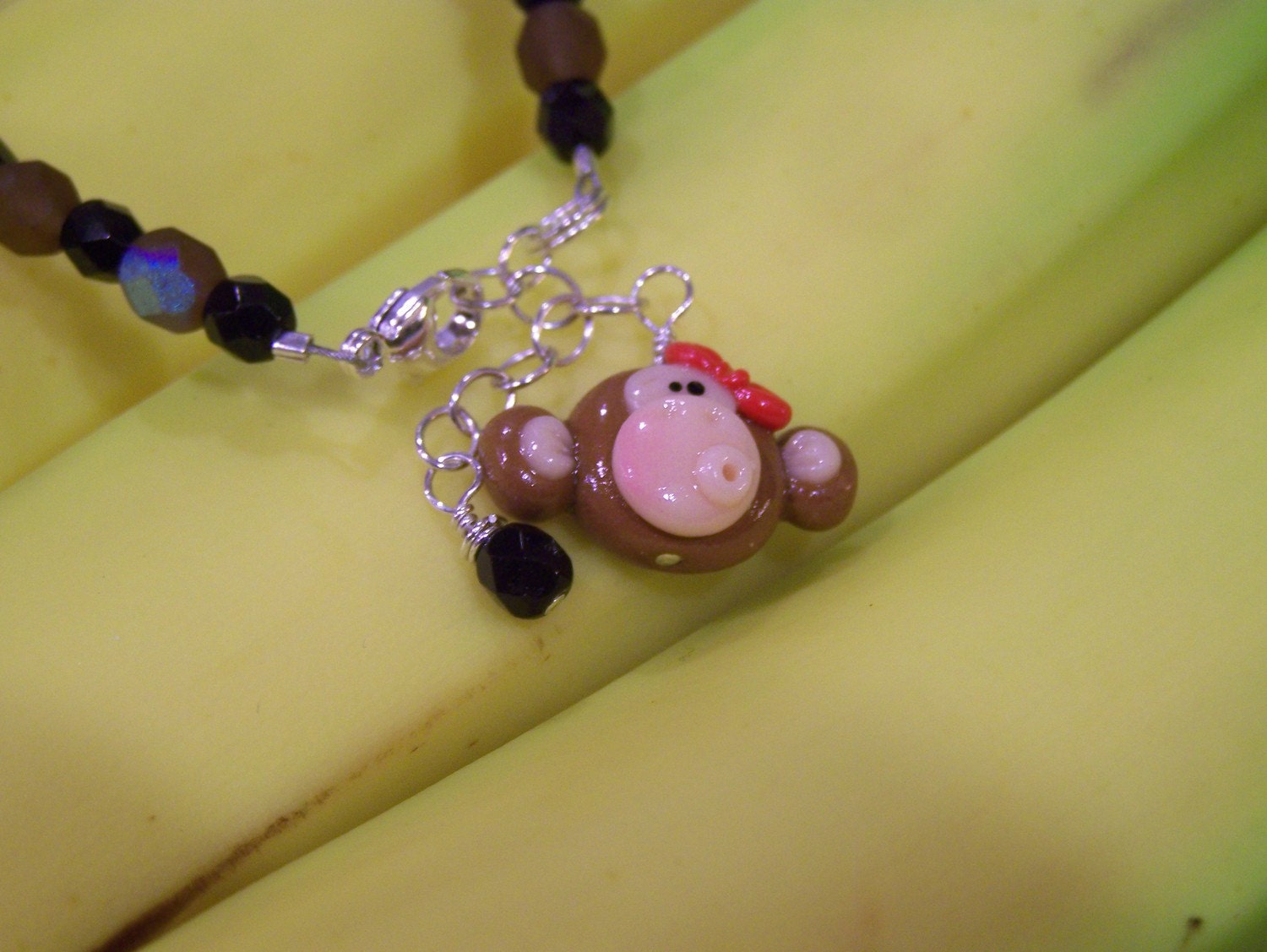 GOING BANANAS monkey bracelet and earrings set - polymer clay, sterling silver. Children, 3 pc set