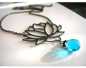Gorgeous Tibetan Lotus Blossom Necklace in Gunmetal with Faceted Cerulean Blue Briolette also available in Silver or Gold