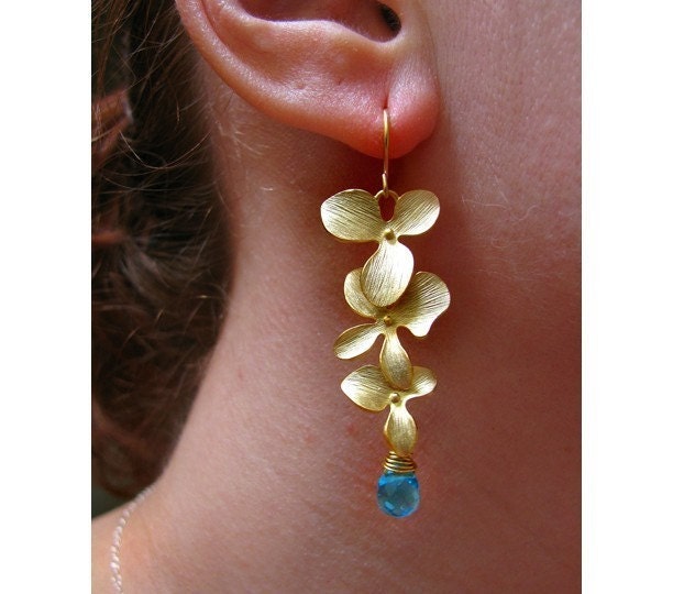 Cascading Orchid Drop Earrings in Gold with Faceted Aquamarine Briolette