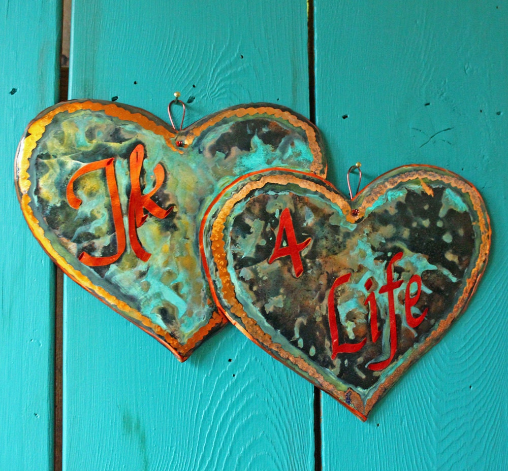CUSTOM Copper Twin Heart Plaque with lovers' initials by Wendy and Mark - with calligraphy and verdigris blue-green patina - OOAK