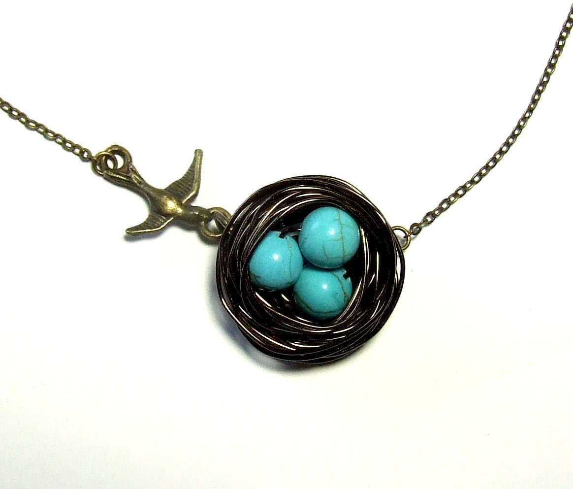 Brass Birdie Goes to Its Nest Necklace