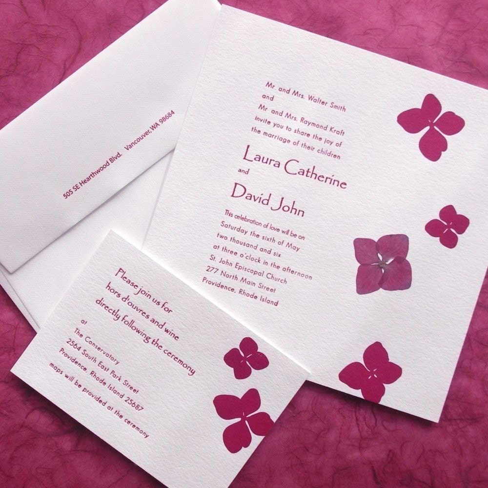 Hydrangea - pressed flower Letterpress Wedding Invitation - fuchsia on white