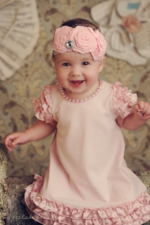 The Duchess Juliet Rosette Flower Fascinator Headband in Baby Pink with Birdcage Veiling and Rhinestone Cluster  Lace Headband