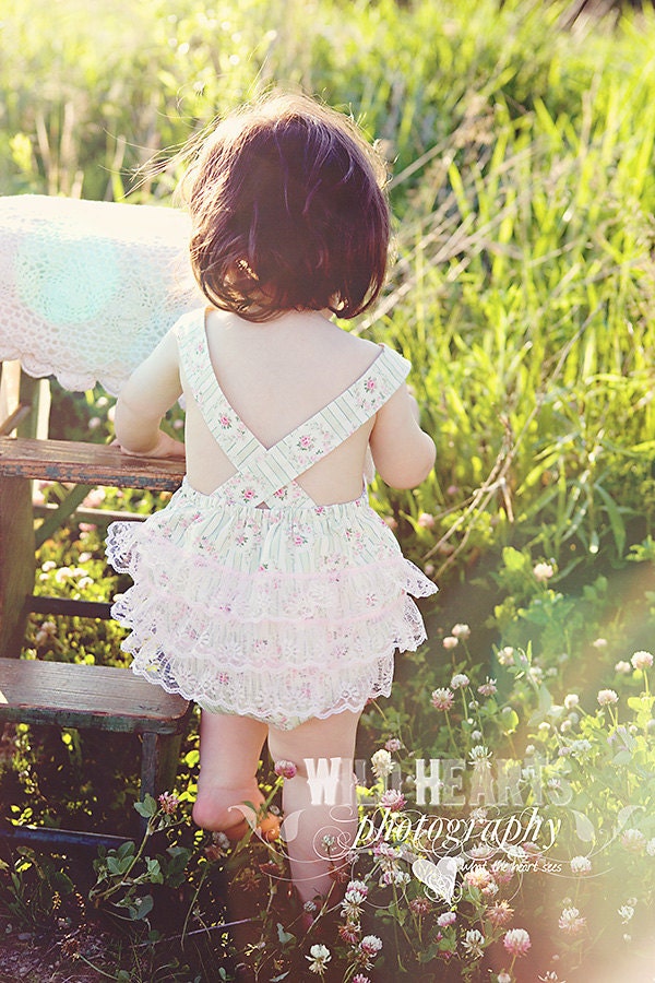 Baby Girl Sunsuit Romper Bubble with Ruffles - Shabby Romance Green