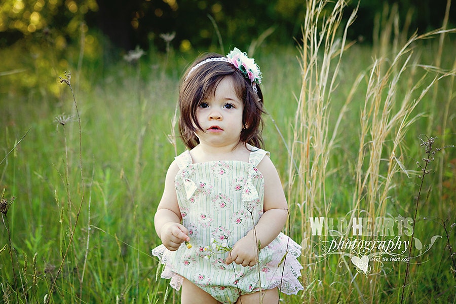 Baby Girl Sunsuit Romper Bubble with Ruffles - Shabby Romance Green