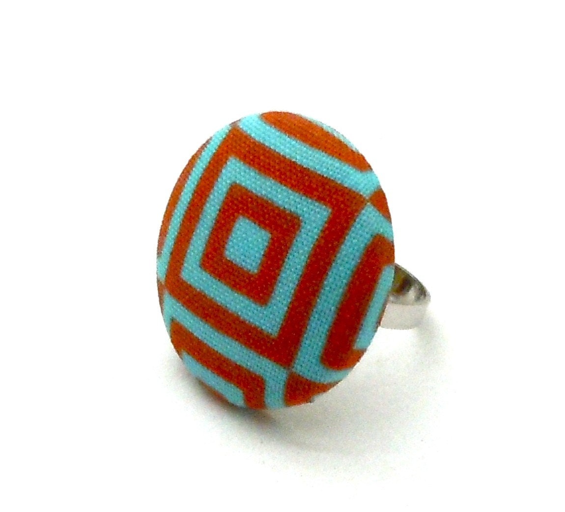 Geometric Orange and Teal Fabric Button Ring