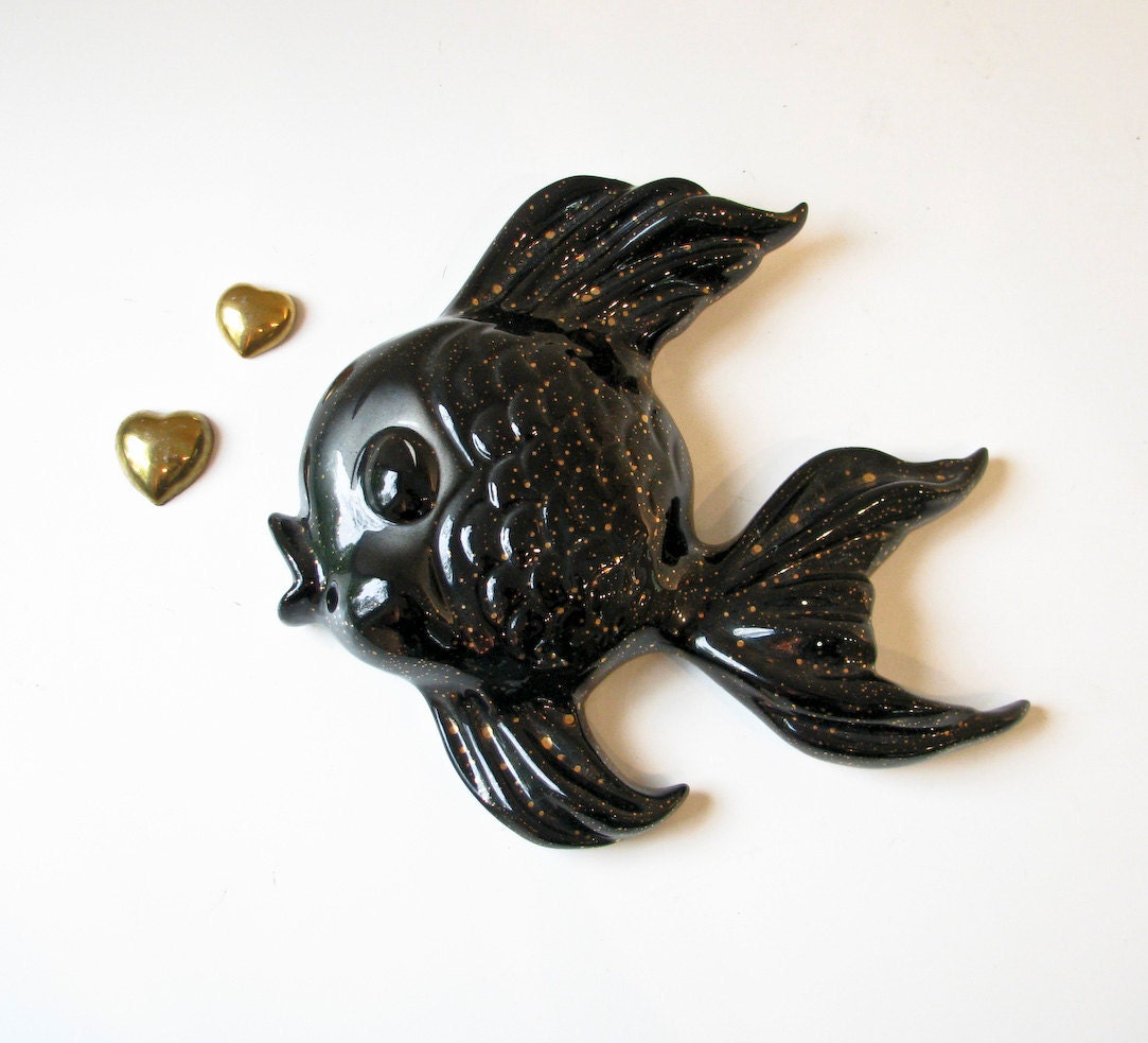 1950s Black Ceramic Fish Wall Plaque - Atomic Kitsch - BeeJayKay