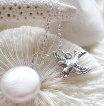 SIlver Bird Necklace with Freshwater Pearl - "Learning to Fly"