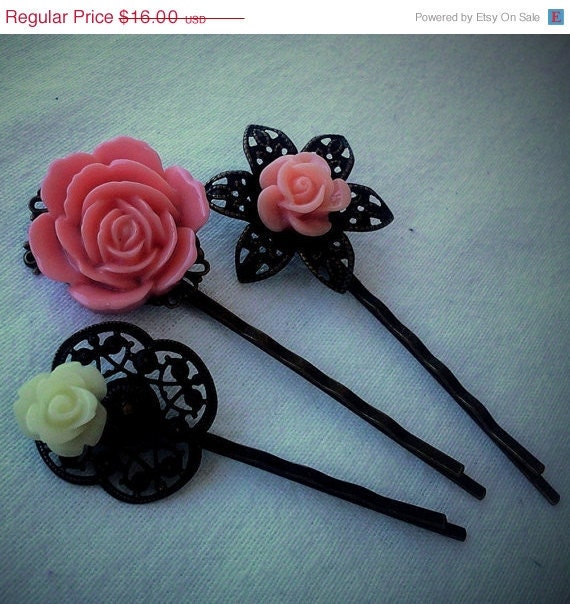 Memorial Day Shades of Peach Floral Filigree Antique Brass Bobby Pin Set Formal Chic Roses Regency Wedding EGL EGA Everday