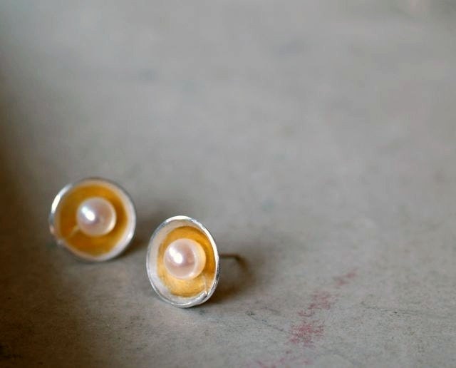 Fine Silver & Gold Dinner Party Stud Earrings, Pearl Post Earrings, Elegant, Statement Earrings, Wearable Art