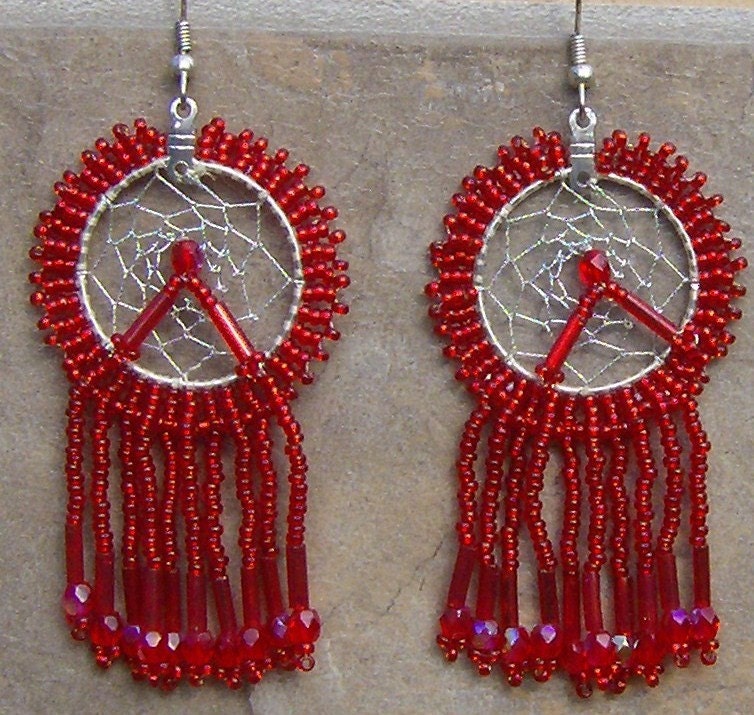 Red Dream Catcher Earrings Hand Made Seed Beaded