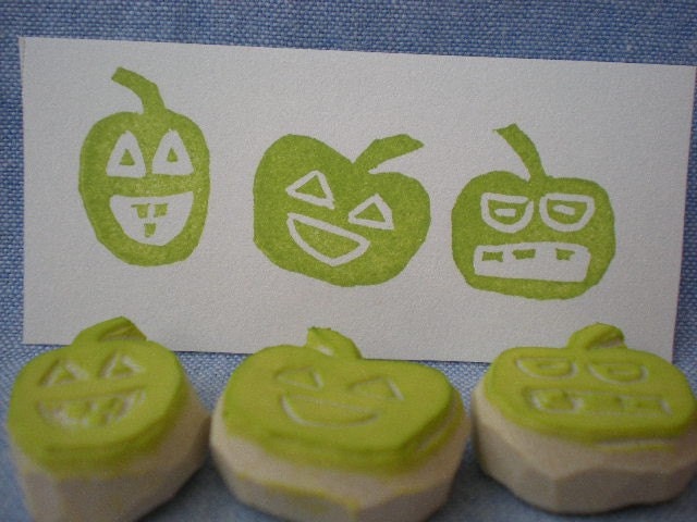 halloween pumpkin stamps, hand carved rubber stamp  set