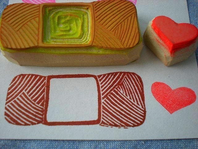 ball of yarn stamp with heart, hand carved rubber stamps, handmade rubber stamp set