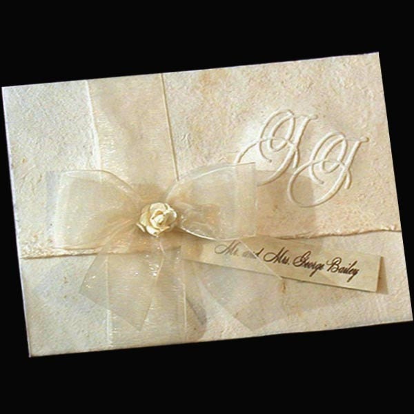100 Hand made paper and  organza bow wedding invitations