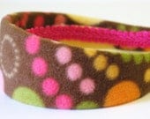 SALE Fabric Covered Headband -  Colorful Circles on Brown Fleece, Wide Headband for Women or Girls