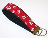 SALE - Keychain Wristlet, Key Fob - Paw Prints in Red and White