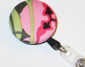 SALE - Fabric Covered Retractable Badge Reel or ID Holder - Amy Butler's Passion Vine in Pink & Green