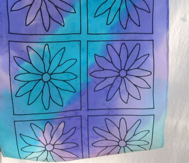 Aquamarine & Lilac Hand Painted Silk Daisy Crepe Scarf - Ready to Ship