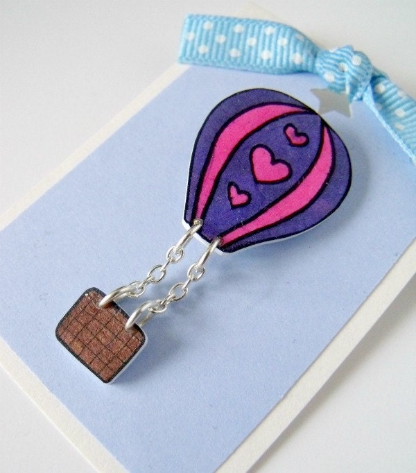 pink and purple hot air balloon brooch with dangly basket