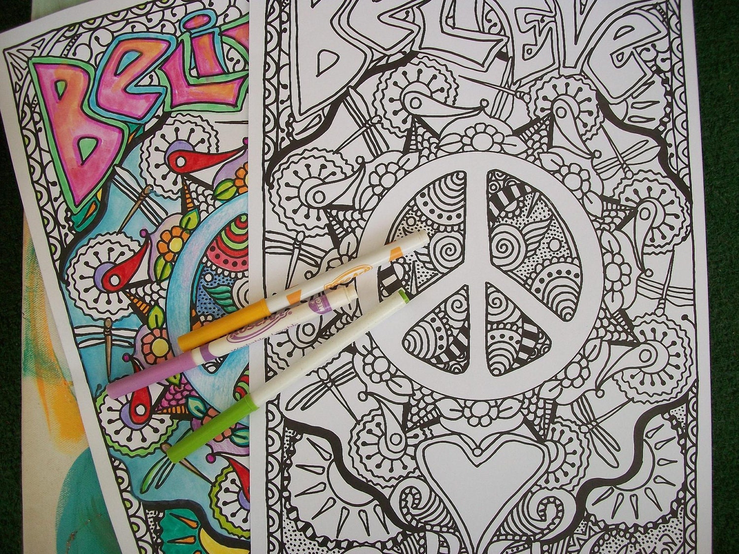 Hippie Coloring Pages, Believe in Peace and Love, Set of 2Posters, Singleton Hippie Art