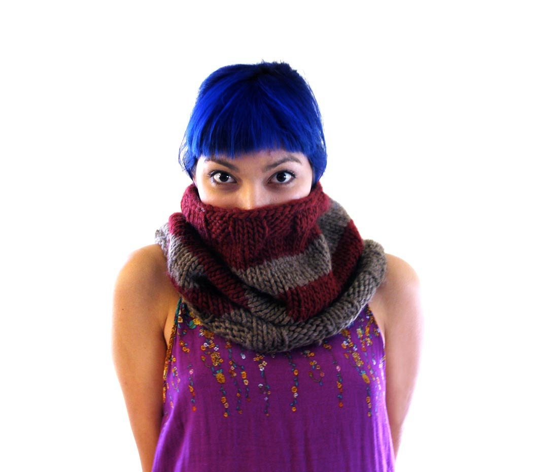 Roving Wool Burgundy and Grey Striped Cowl