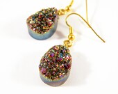 Rainbow Titanium Aura Chalcedony Teardrop Earrings