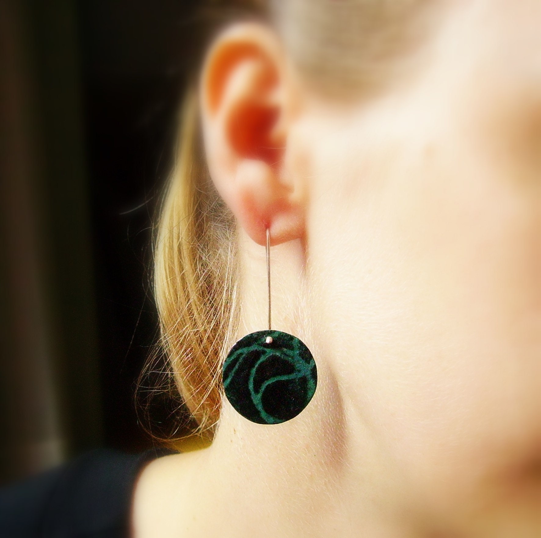 Stencil  earrings - Turquoise and black enamels- Sterling silver and copper
