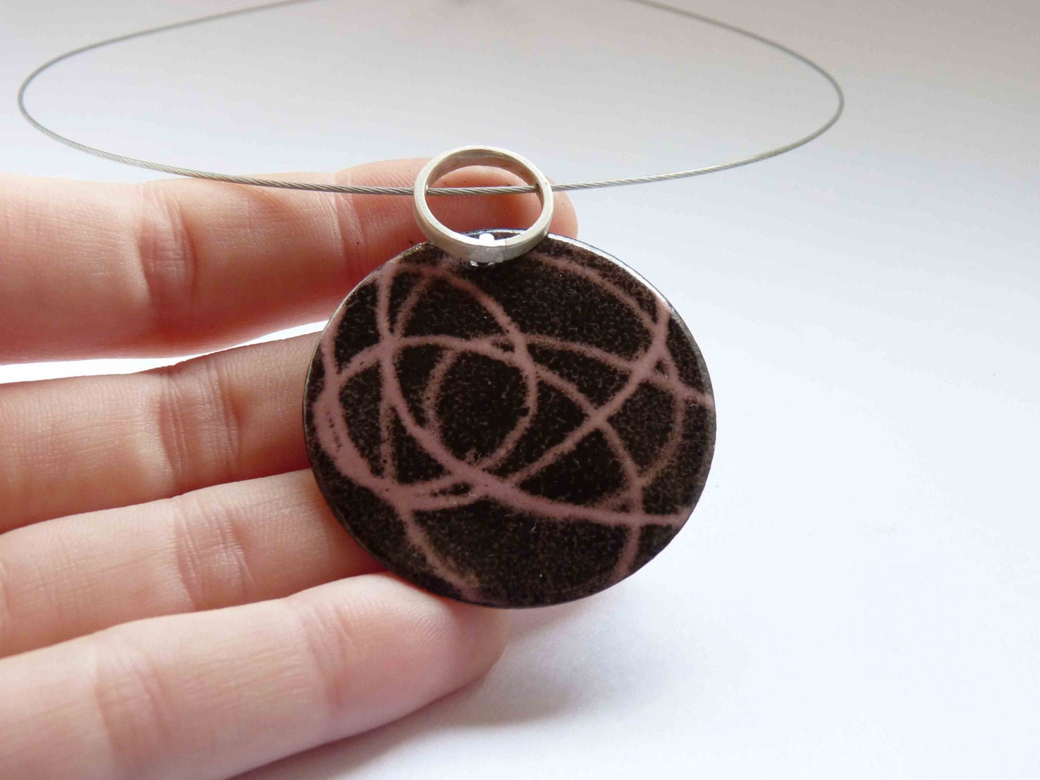 Stencil Pendant - Pink and black enamels - Sterling silver and copper - Romantic Pink