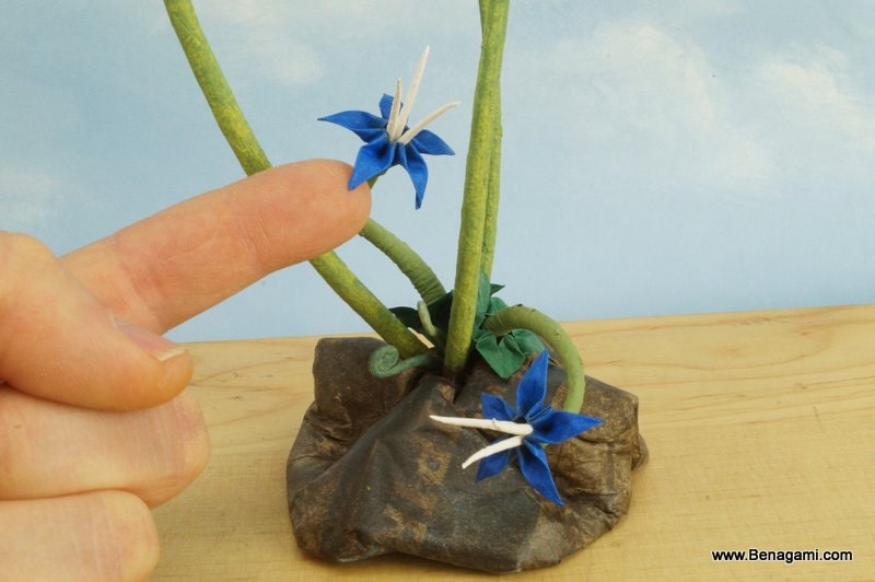 Origami Ikebana with Tiny Blue Flowers and Tall Grass