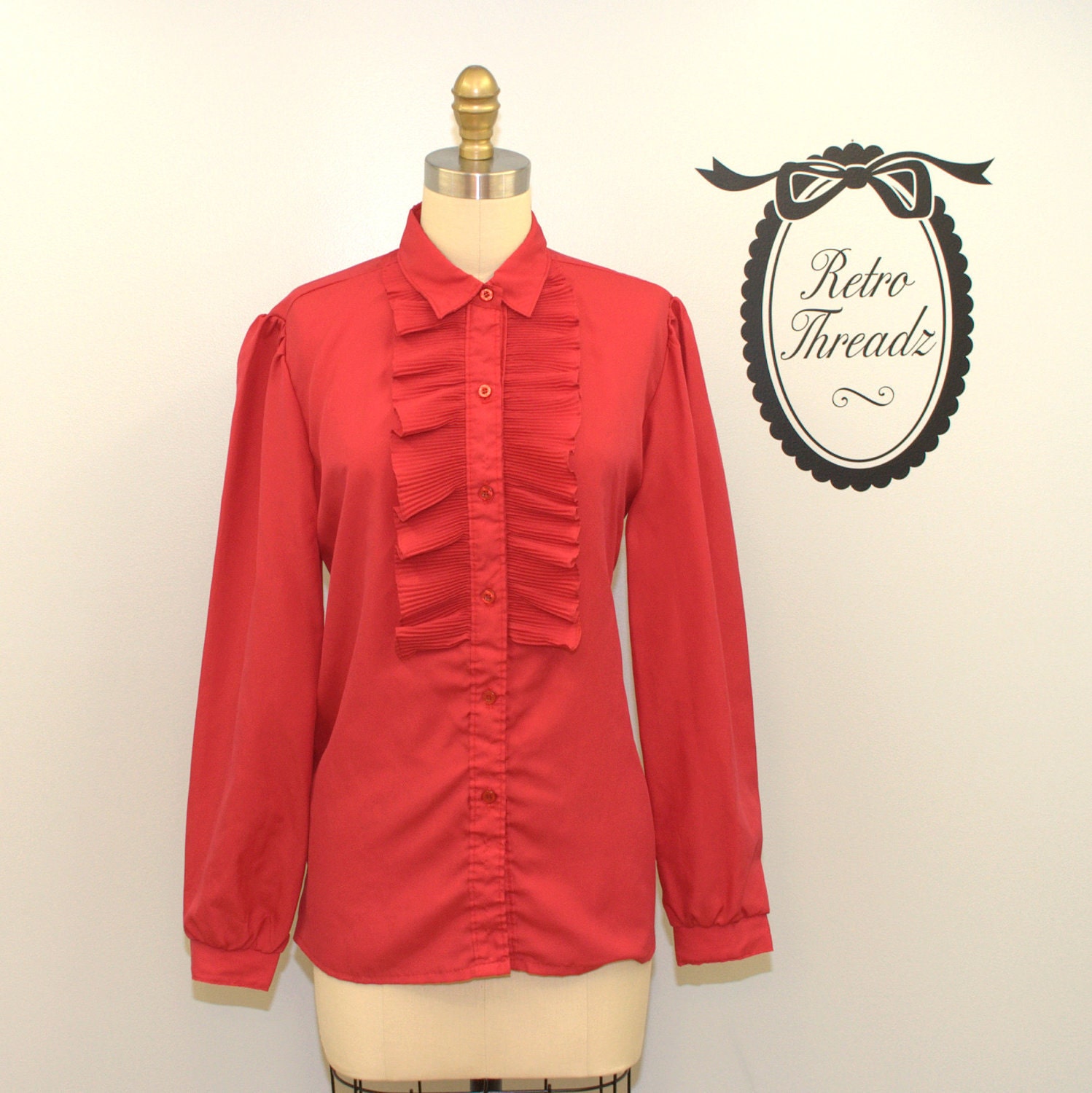 Vintage 70s Cranberry Tuxedo Bib Blouse / Small - Medium