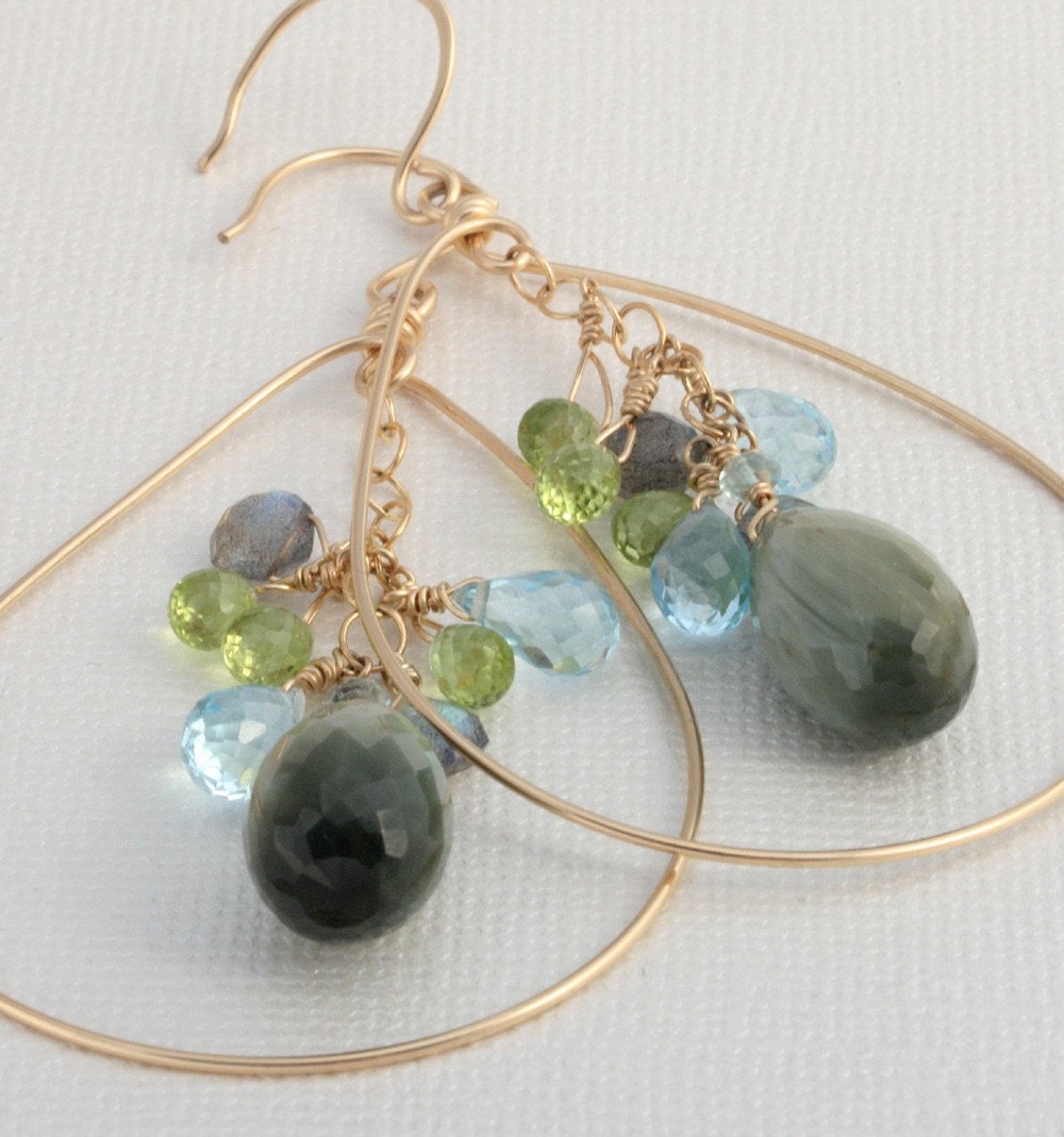 Multi Gemstone Earrings - Gold Hoop Earrings - Cats Eye Jewelry, Blue Topaz Jewelry ,  Peridot Jewelry, Labradorite